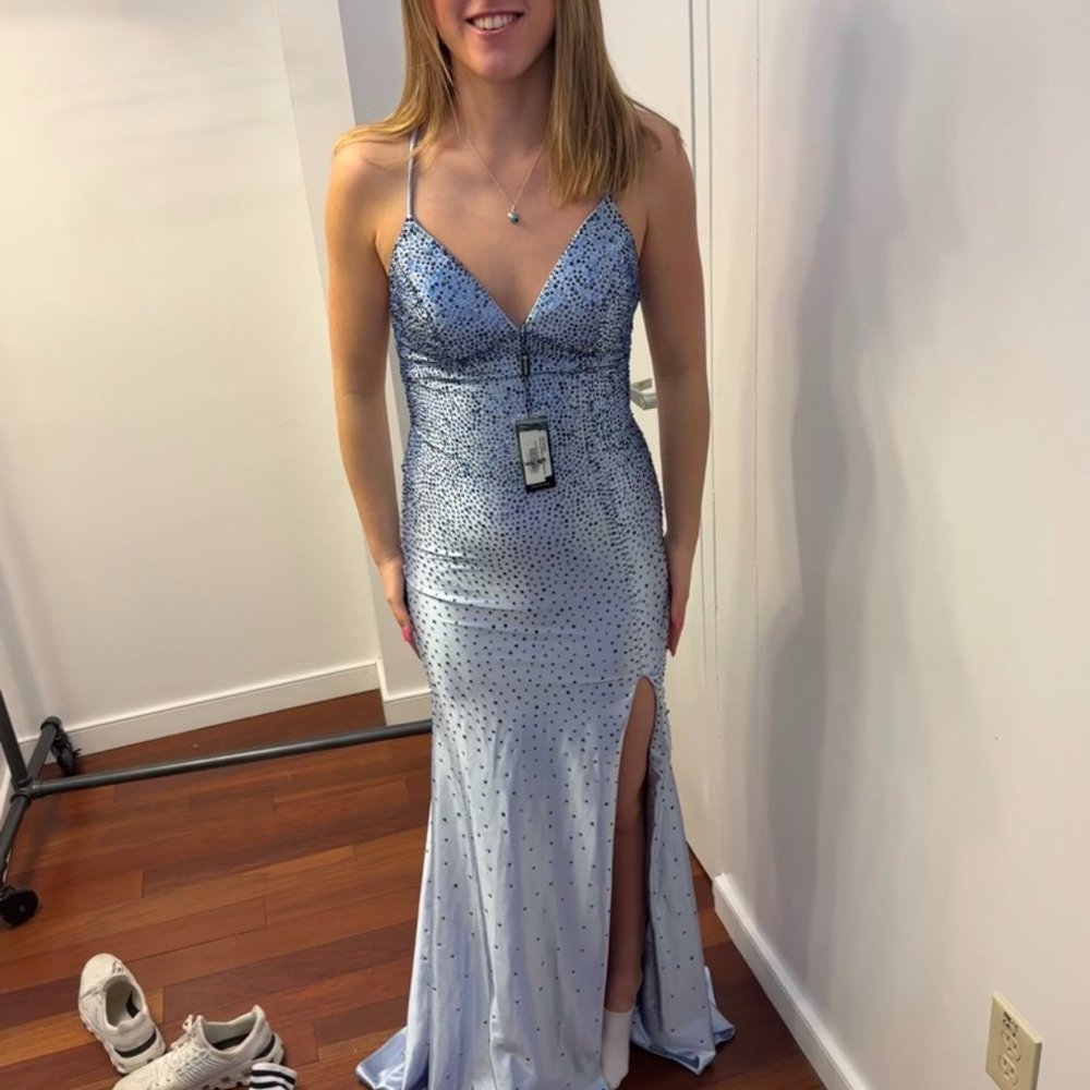 FAVIANA S10801 V Neck Prom Dress With Rhinestone Beading And Open Lace Back